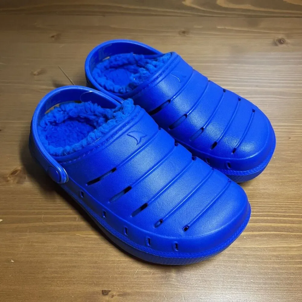 Rugged Shark Fur Lined Clogs Blue Slip On Shoes Sandals Kids Size 12